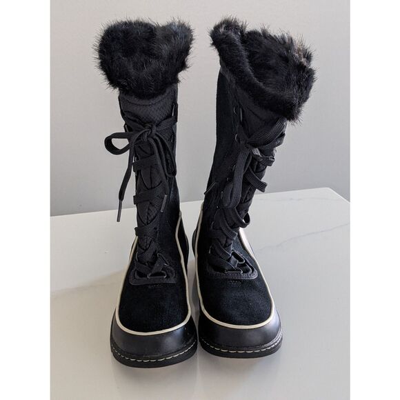 Sorel Tivoli Mid Calf Boots Women’s Sz 7 Black Suede Waterproof Lace Up Faux Fur - Picture 3 of 6